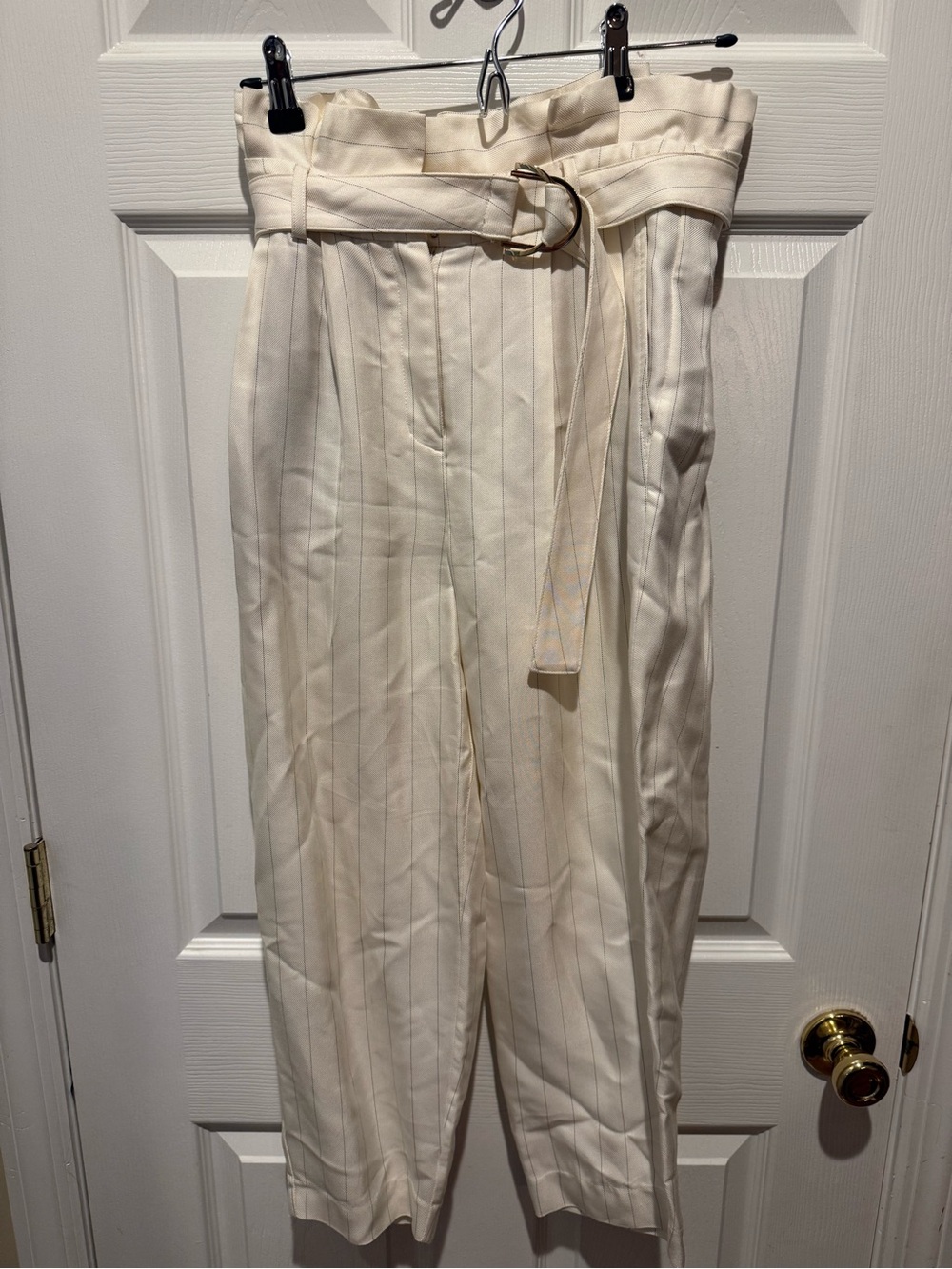 Express Cream Pinstripe Paperbag Waist Cropped Pants